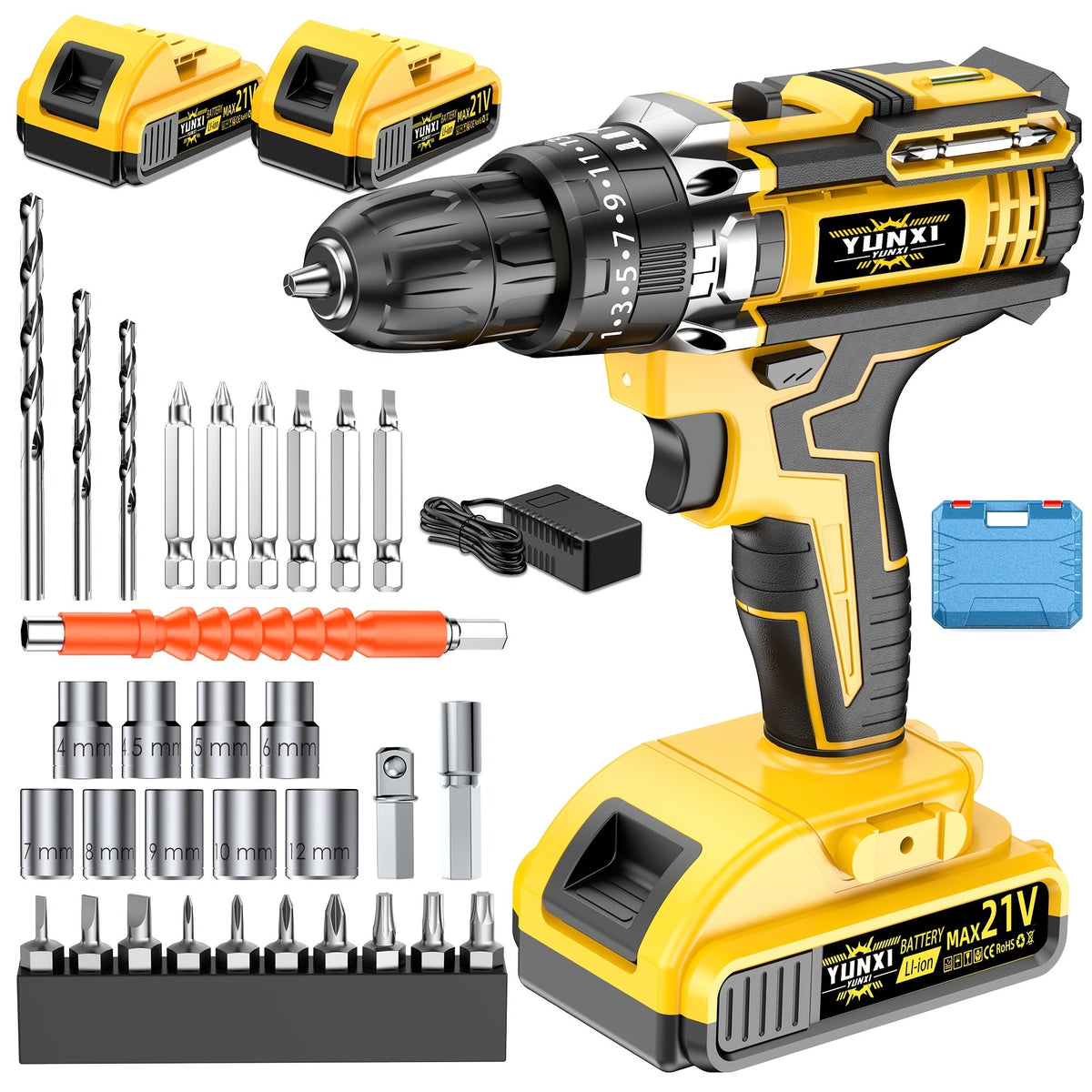 Cordless Impact Drill Set 21V – Electric Power Drill with 2.0Ah Battery, Fast Charger, Screwdriver Bits, Work Light, Variable Speed & Torque Control for Home & Car Repair, Men's Gift