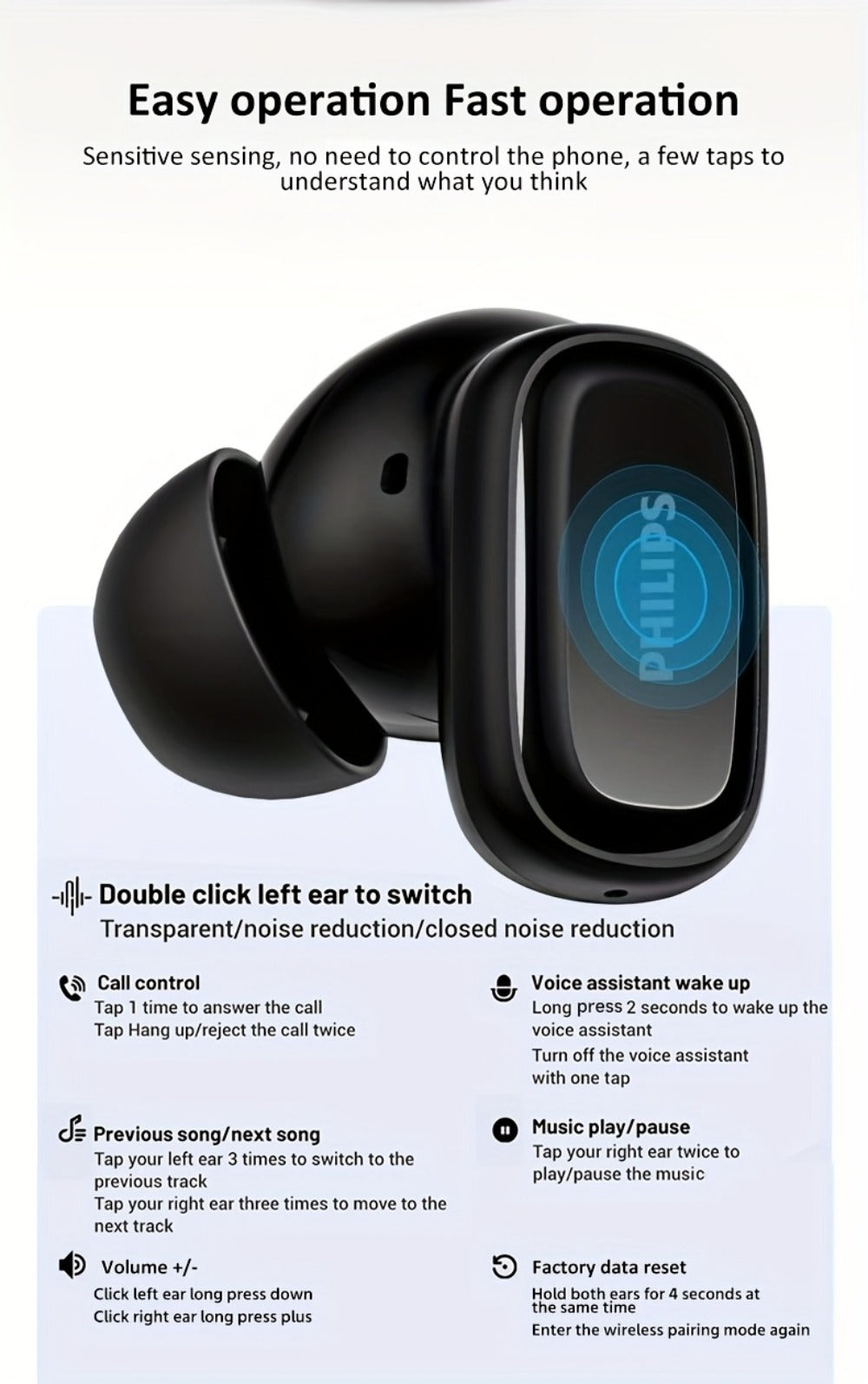 Philips TAT2569 Active Noise Reduction Wireless Earbuds, Dual Beamforming Mics 18H Playtime Bluetooth 5.4, Touch Control Secure Sport Fit Type-C Charging, Compatible with iPhone Android, Gift for Men Women