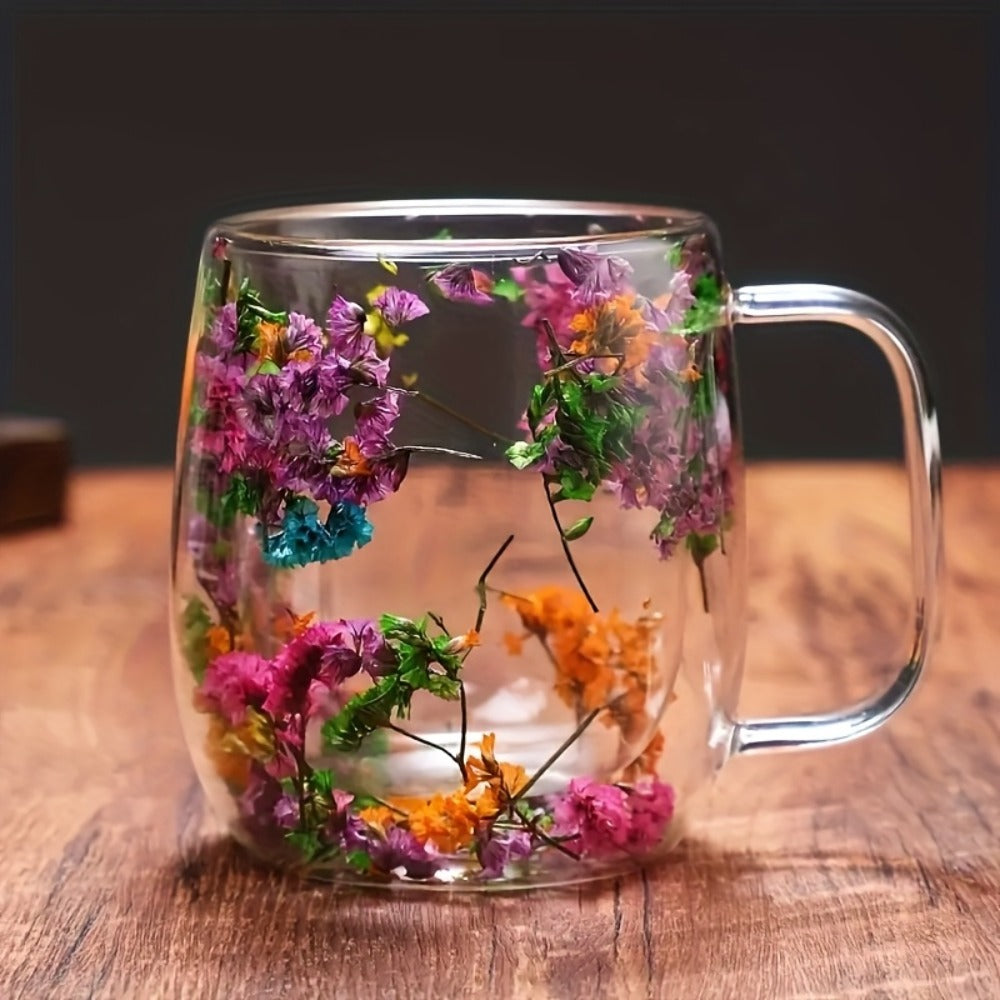 Double Wall Glass Coffee Cups with Handle Set of 4 – Borosilicate Thermal Mugs for Latte Cappuccino Tea | Dried Flower & Petal Design Transparent Drinkware for Office Home Gifts