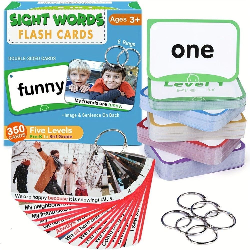 Sight Words Flash Cards 350 Dolch & Fry High Frequency Words – 5 Color-Coded Levels Pre-K to 3rd Grade, Laminated Double-Sided Reading Flashcards with Rings, Homeschool Classroom Gift for Kids Ages 3-9
