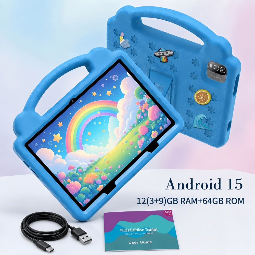 Kids Tablet 10.1 Inch Android 15 – 12GB RAM 64GB ROM Expandable 1TB, 6000mAh Battery, WiFi 6, 1280x800 IPS HD Screen, Dual Camera, Parental Controls, Pre-installed Games, Protective Case Included