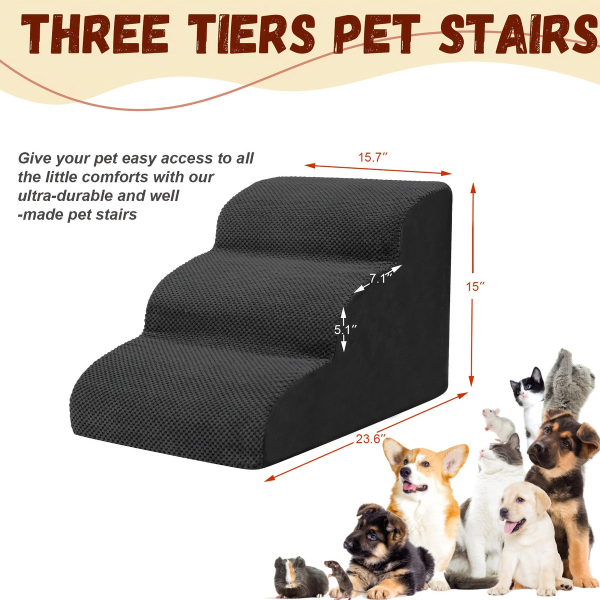 Dog Stairs for High Beds & Sofas – 2/3/4 Step Memory Foam Pet Steps with Non-Slip Bottom, Washable Cover & Textured Surface – Supportive Dog Steps for Senior Dogs, Puppies & Small Breeds