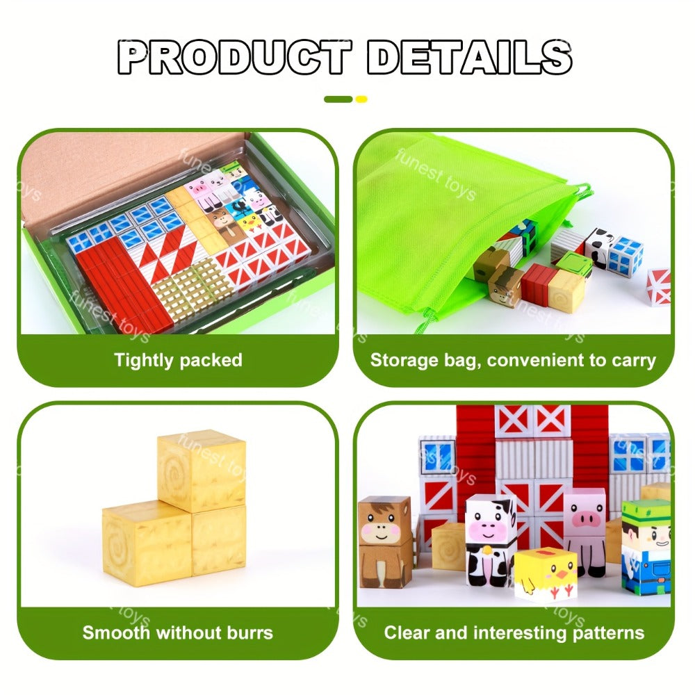 54-Piece Farm Animal Magnetic Block Set with Farmer Theme Play