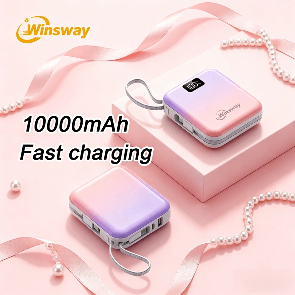 Mini Compact Power Bank 10000mAh Winsway 22.5W Fast Charging – Built-in Dual Cables USB-C & USB-A, Gradient Design, LED Display, Ultra-Lightweight Portable Charger for Travel Boarding Outdoor Gift