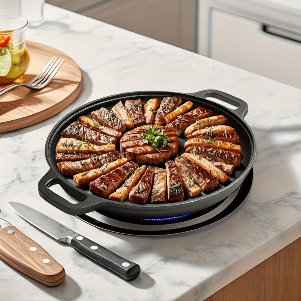 Cast Iron Skillet 11 Inch Pre-Seasoned Round Grill Pan with Dual Loop Handles – Even Heating for Oven, Stovetop, Campfire & Grill | Heavy-Duty Kitchen Cookware for Pizza, Steak & More