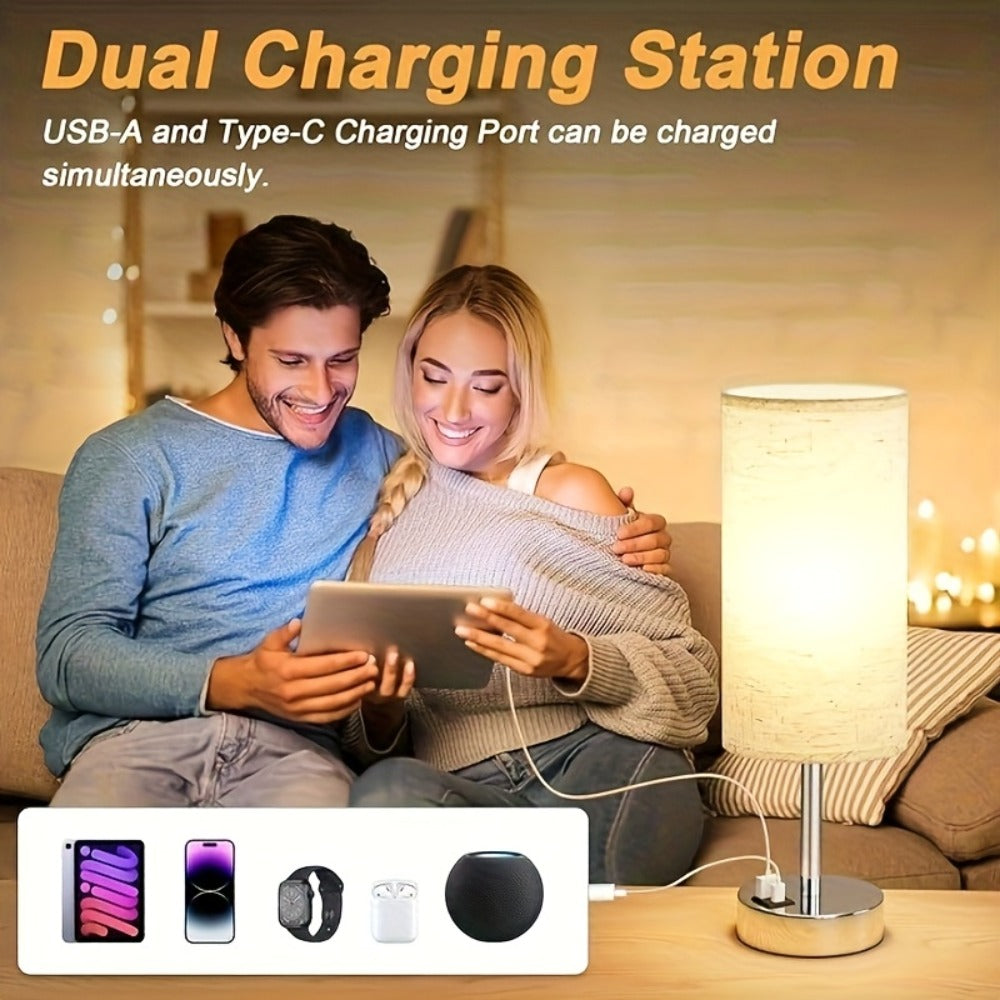 Bedside Table Lamp with USB-C Charging Port – 3-Way Dimmable Touch Lamp, Wood Base Round Burlap Shade, Small Nightstand Desk Light with AC Outlet & A19 LED Bulb Included for Bedroom Living Room Office
