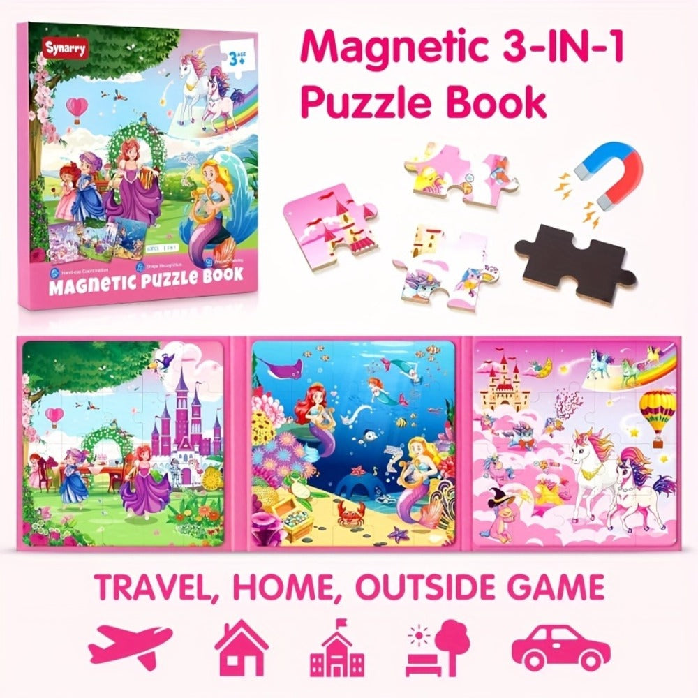 3-in-1 Magnetic Puzzle Book, Unicorn, Mermaid & Princess Themes