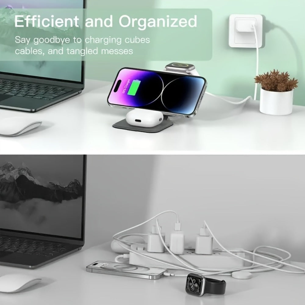 Foldable Travel 3-in-1 Wireless Charging Station 15W – Fast Charge for iPhone 17 16 15 14 13 12 Pro Max Plus, Apple Watch Ultra Series 9 8 7 6 5 4 3 2 1 SE & AirPods 4 3 2 Pro | Portable Black Charger