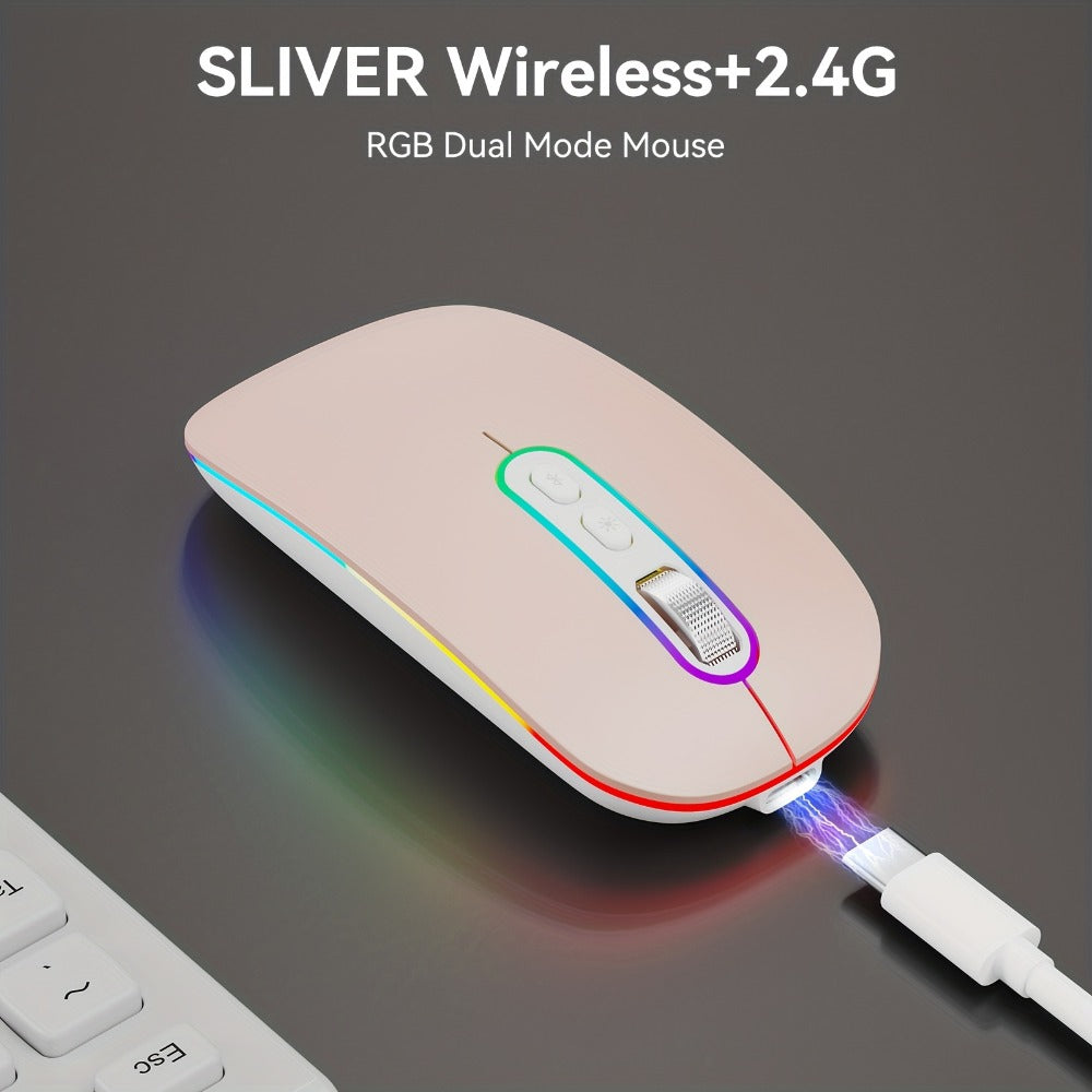 Slim Wireless Mouse Bluetooth 5.1 2.4G Dual Mode Silent Rechargeable LED Indicator Thin Quiet Computer Mouse iPad MacBook Mac Laptop PC Windows Chromebook Pink