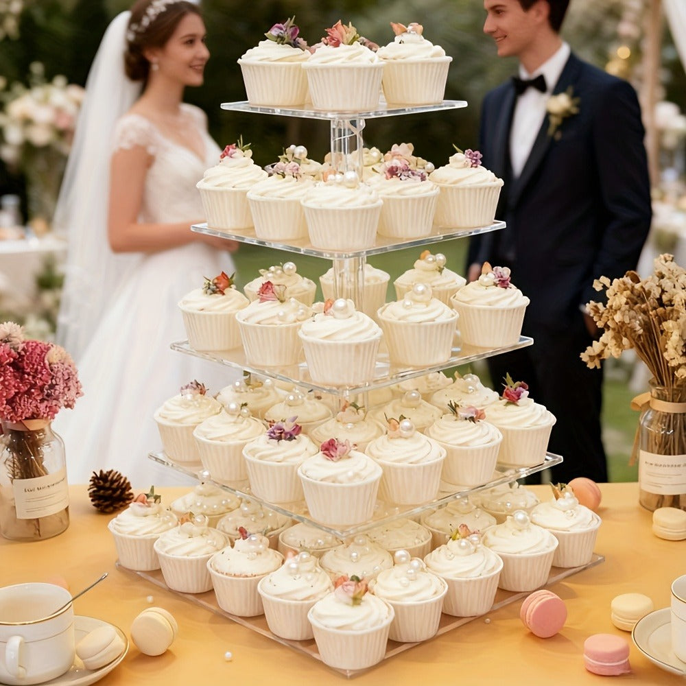 5-Tier Acrylic Cupcake Stand with LED String Lights – Square Dessert Display Tower for 60 Cupcakes Birthday Wedding Baby Shower Tea Party Elegant Transparent Cake Display Rack Easy to Assemble