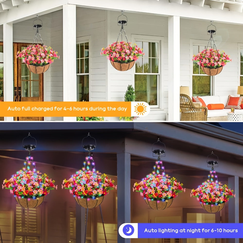 Solar Hanging Flower Basket with RGB String Lights – 10 Inch Artificial Flowers, Dusk-to-Dawn Auto On, Waterproof Outdoor Decor for Patio, Garden, Balcony & Front Porch | Pink Purple Orange