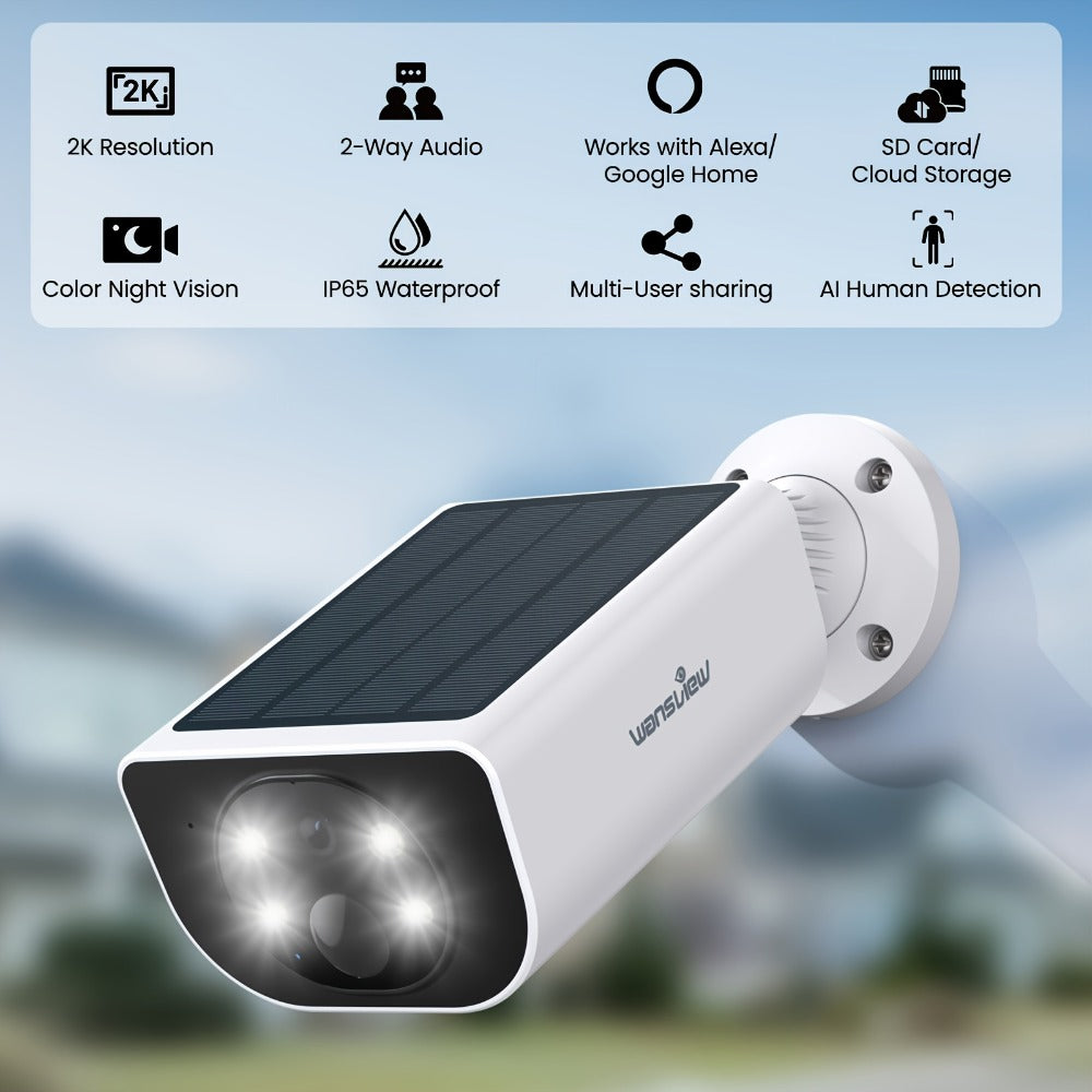 Wansview 2K Solar Outdoor Security Camera, Alexa & Google Home Compatible, Dual Night Vision Color & IR, PIR AI Human Body Detection, IP65 Weatherproof, SD & Cloud Storage – Wire-Free Smart CCTV