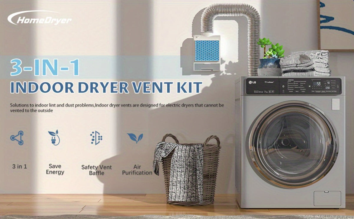 Indoor Dryer Vent Kit 3-in-1 Lint Trap Filter Box Stainless Steel Screen 6 Polyester Filters Reusable Washable Reduces Moisture Prevents Mold for Electric Clothes Dryers