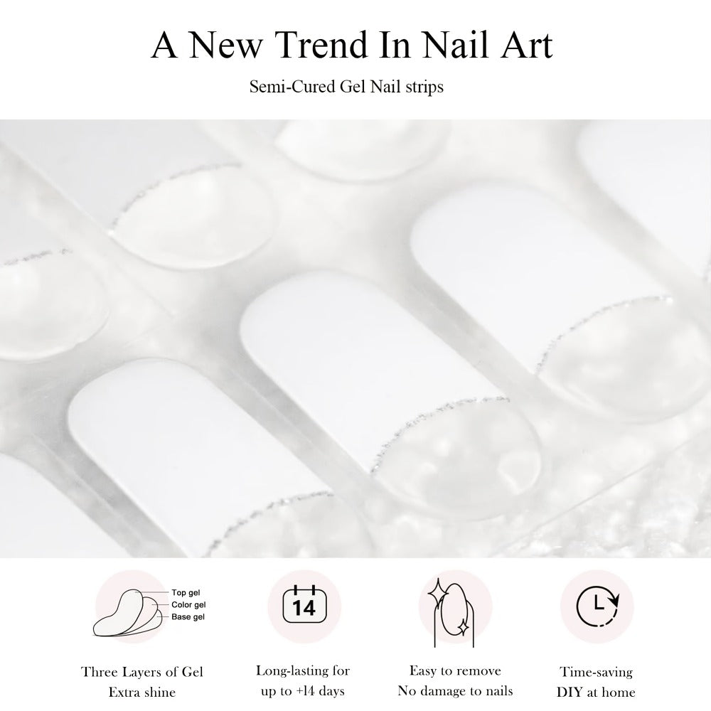 Semi Gel Nail Polish Stickers Kit 20Pcs with 12W LED Nail Lamp 8-Bead Curing Light Full-Wrap Nail Stickers 2nd Gen Soft Gel Tips White French Manicure Complete Set for Women Beginners Home DIY