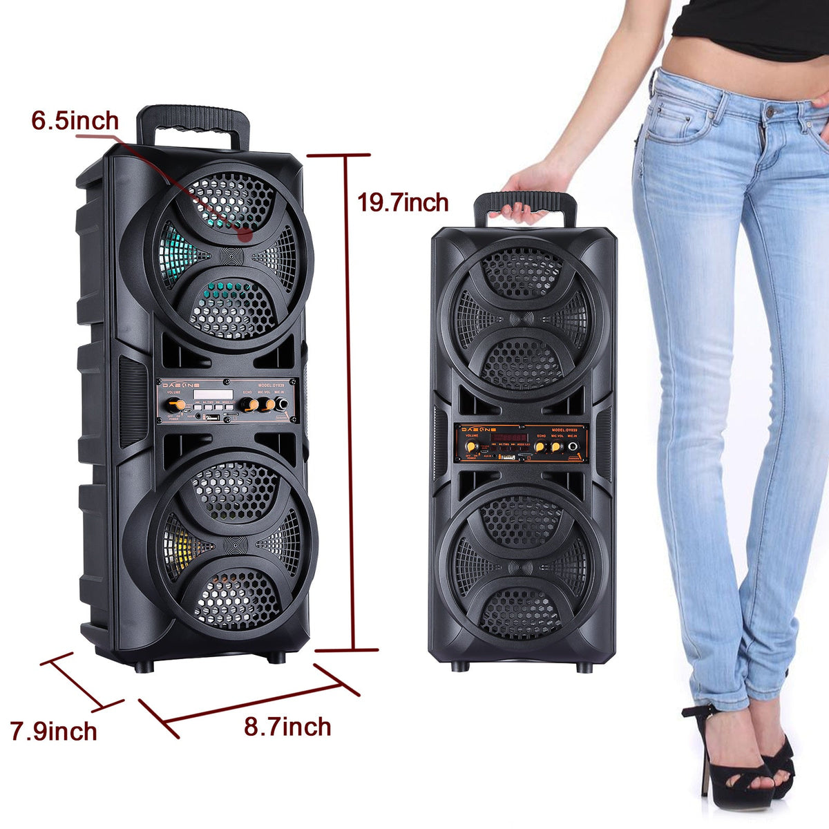 Portable PA Speaker with Dual Woofer & Disco LED Lights - Bluetooth Subwoofer, FM Radio, AUX USB Mic Guitar Input, Wired Microphone & Remote Control, 1800mAh Battery, Indoor Outdoor Party