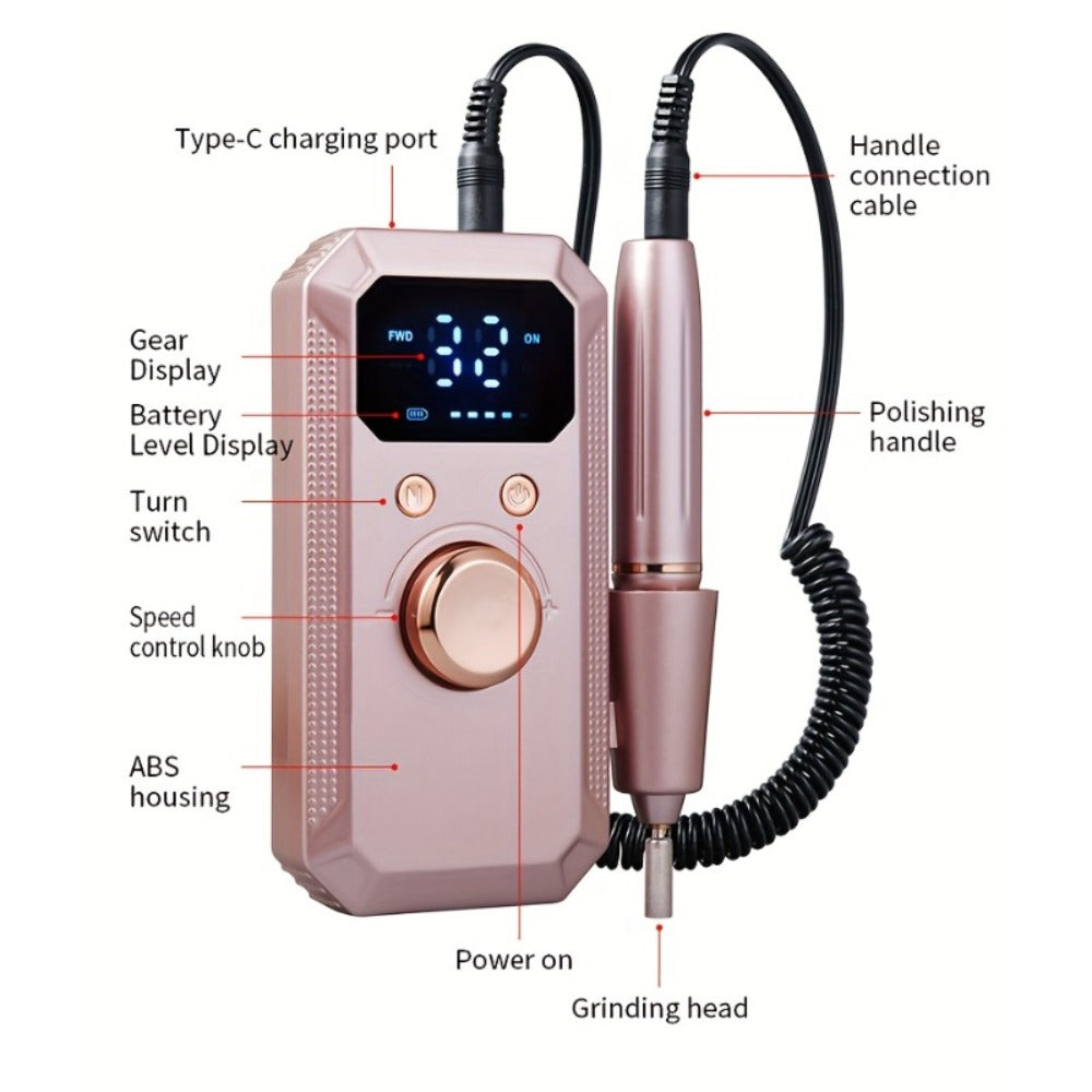 Electric Nail Drill Rechargeable 11 Grinding Heads & 20 Sanding Rings High-Speed Nail Grinder Machine for Acrylic Gel Natural Nails - Home Salon Manicure Pedicure Tool, Grey Rose Gold White