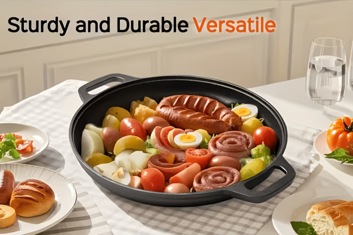 Cast Iron Skillet 11 Inch Pre-Seasoned Round Grill Pan with Dual Loop Handles – Even Heating for Oven, Stovetop, Campfire & Grill | Heavy-Duty Kitchen Cookware for Pizza, Steak & More