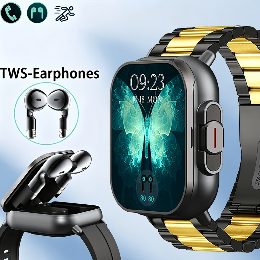 2-in-1 Smartwatch Earbuds Combo Steel & Mesh Strap for Men – Music Control Multiple Sports Modes Activity Tracking Black Silver Rose Gold Black Gold Smart Watch Earphone Gift