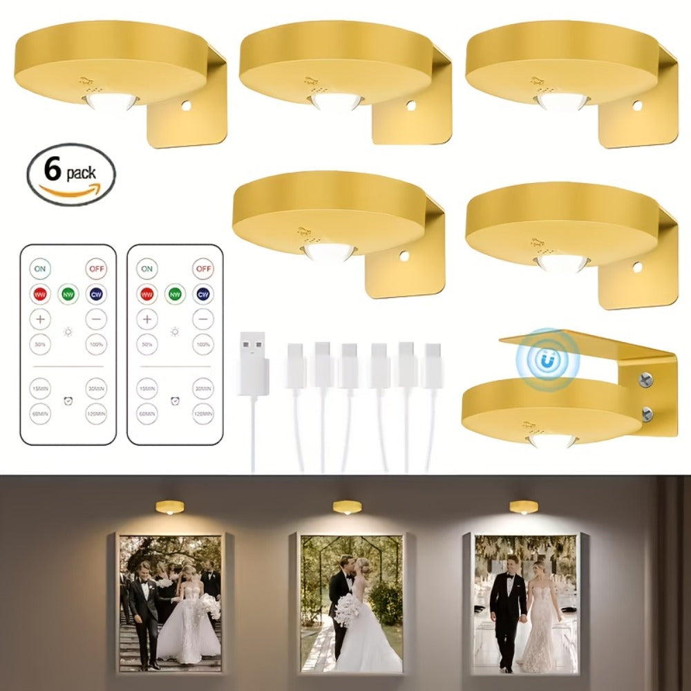 Picture Lights for Wall Rechargeable – Magnetic LED Art Display Light with Remote 3 Color Temperatures Dimmable Timer Golden Finish – 3-Pack & 6-Pack