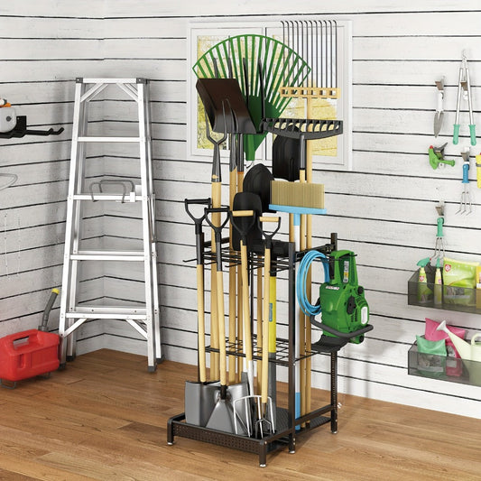 Garden Tool Organizer with Hooks, Freestanding Metal Garage Rack