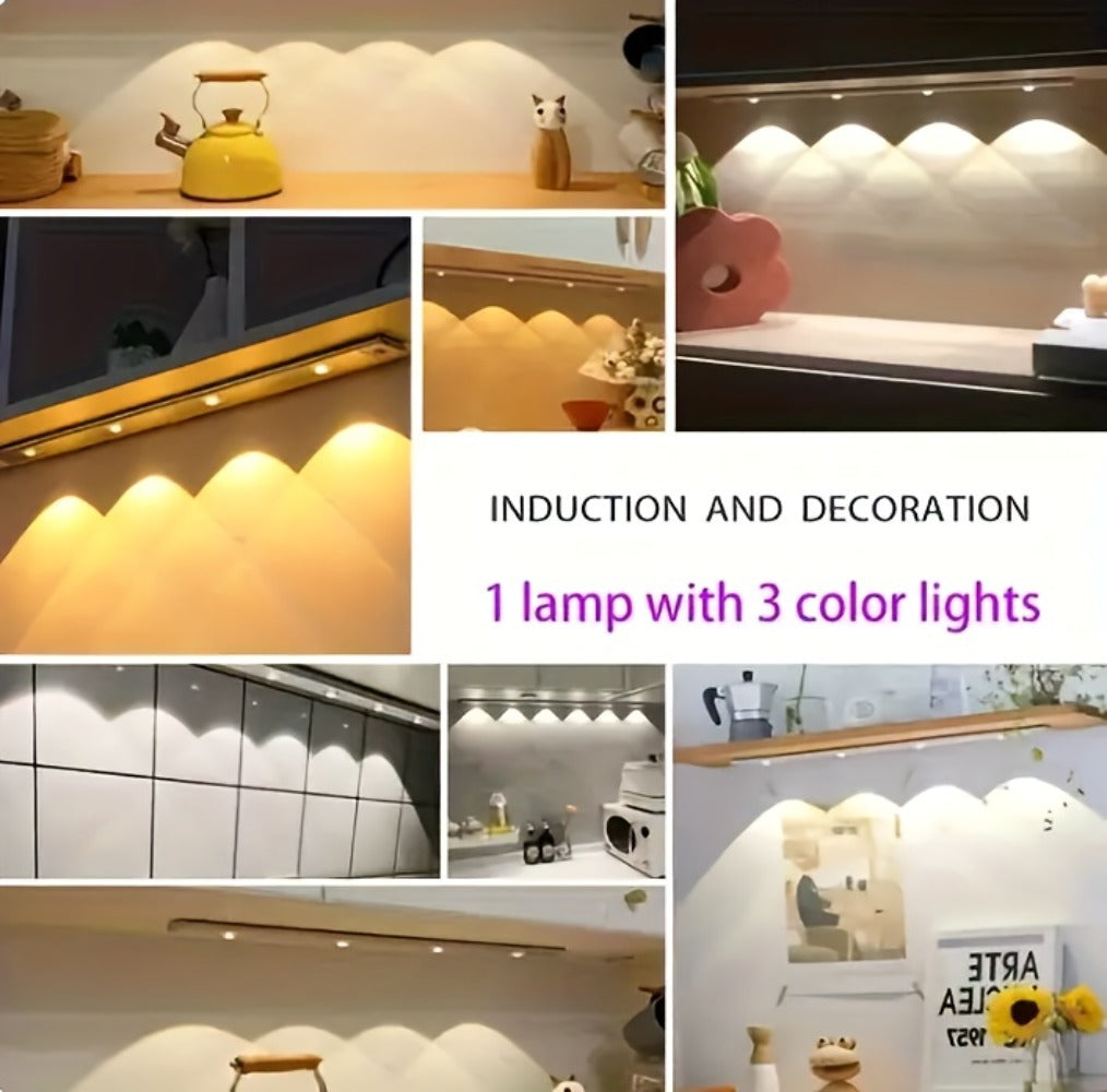 Motion Sensor LED Strip Light USB Rechargeable – 3-Color Dimmable Wireless Night Light for Kitchen, Wardrobe, Cabinet, Shoe Cabinet & Bedroom (20cm / 30cm / 40cm / 50cm, 1 or 2 Pack)