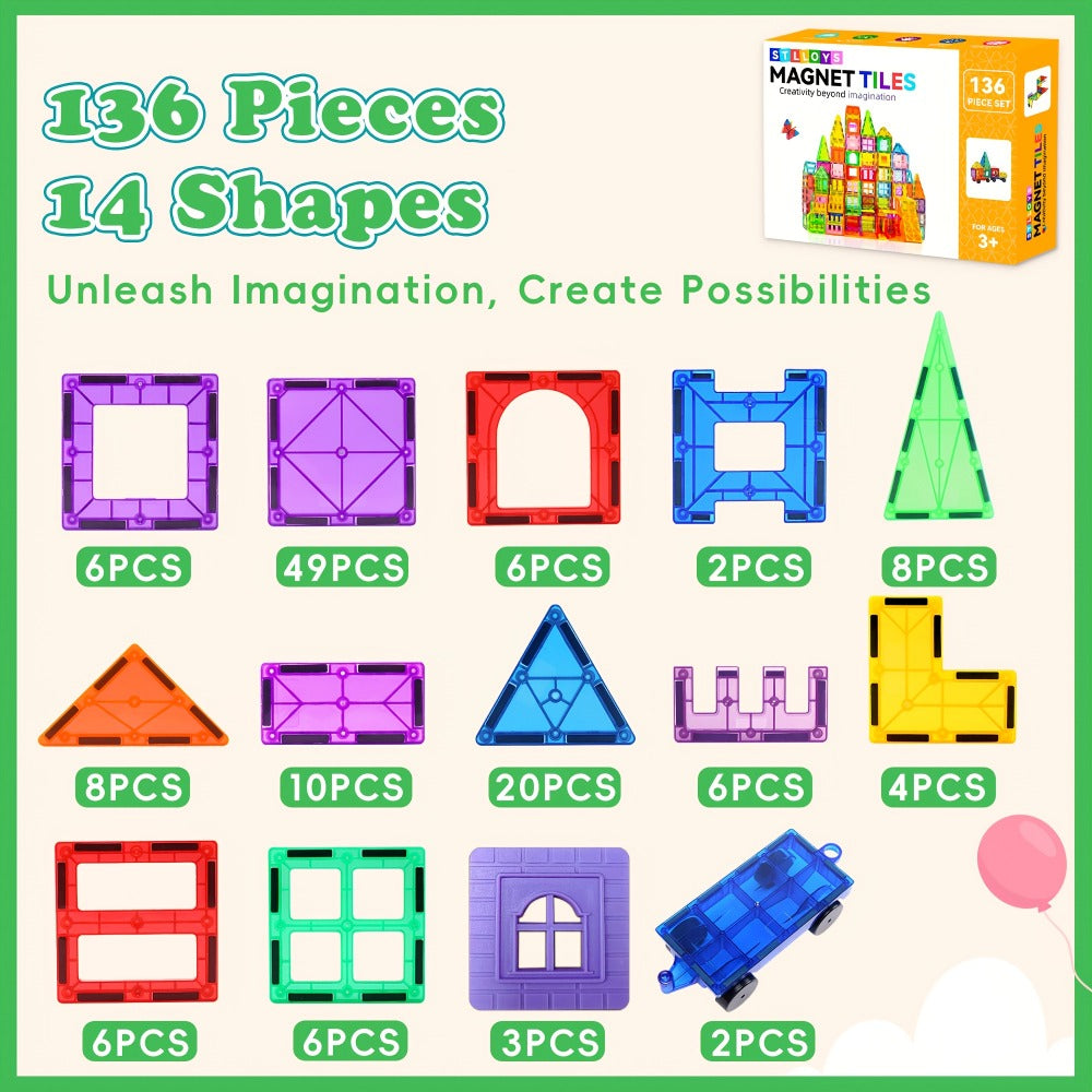 Magnetic Tiles Building Set for Kids Ages 3+, 106-Piece Multicolor with 2 Toy Cars or 136-Piece Basics