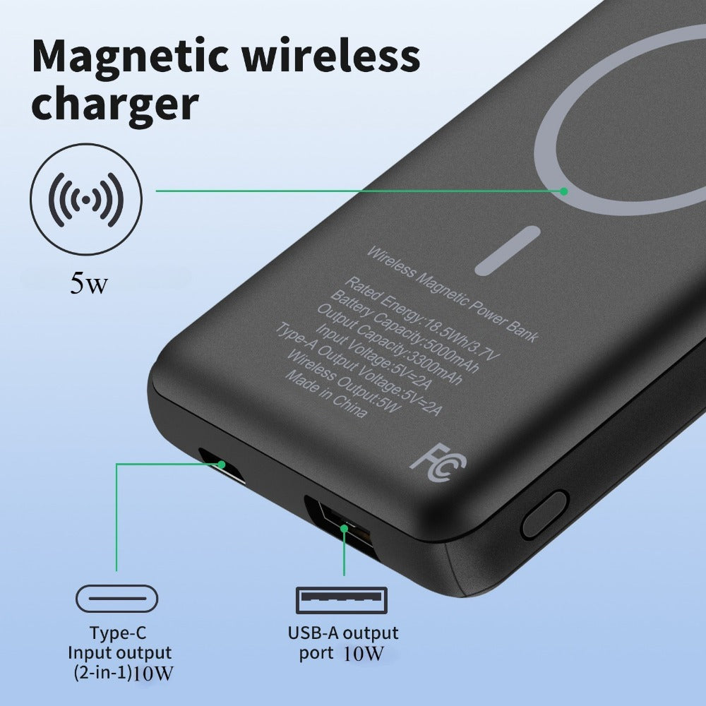 Magnetic Wireless Power Bank 5000mAh Dual Mode – 5W Wireless & 10W Wired Output, USB-C In/Out, Portable Mini Charger for iPhone 17 16 15 14 Android Samsung, Slim Pocket Travel Battery Pack