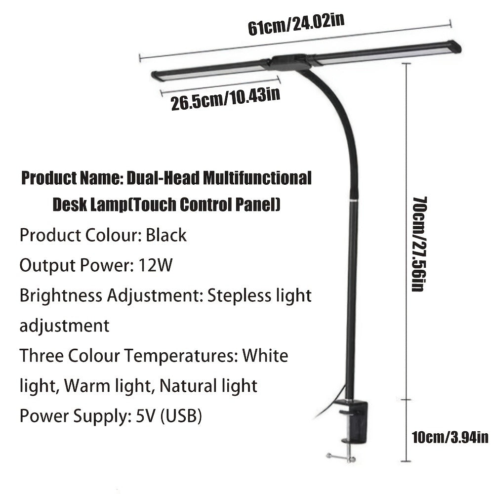 Dual Head Clamp Desk Lamp USB Powered – 2X Brighter Swing Arm LED Light, 3 Color Modes & 10 Brightness Levels for Dual Monitors, Drafting, Workbench & Home Office, Black
