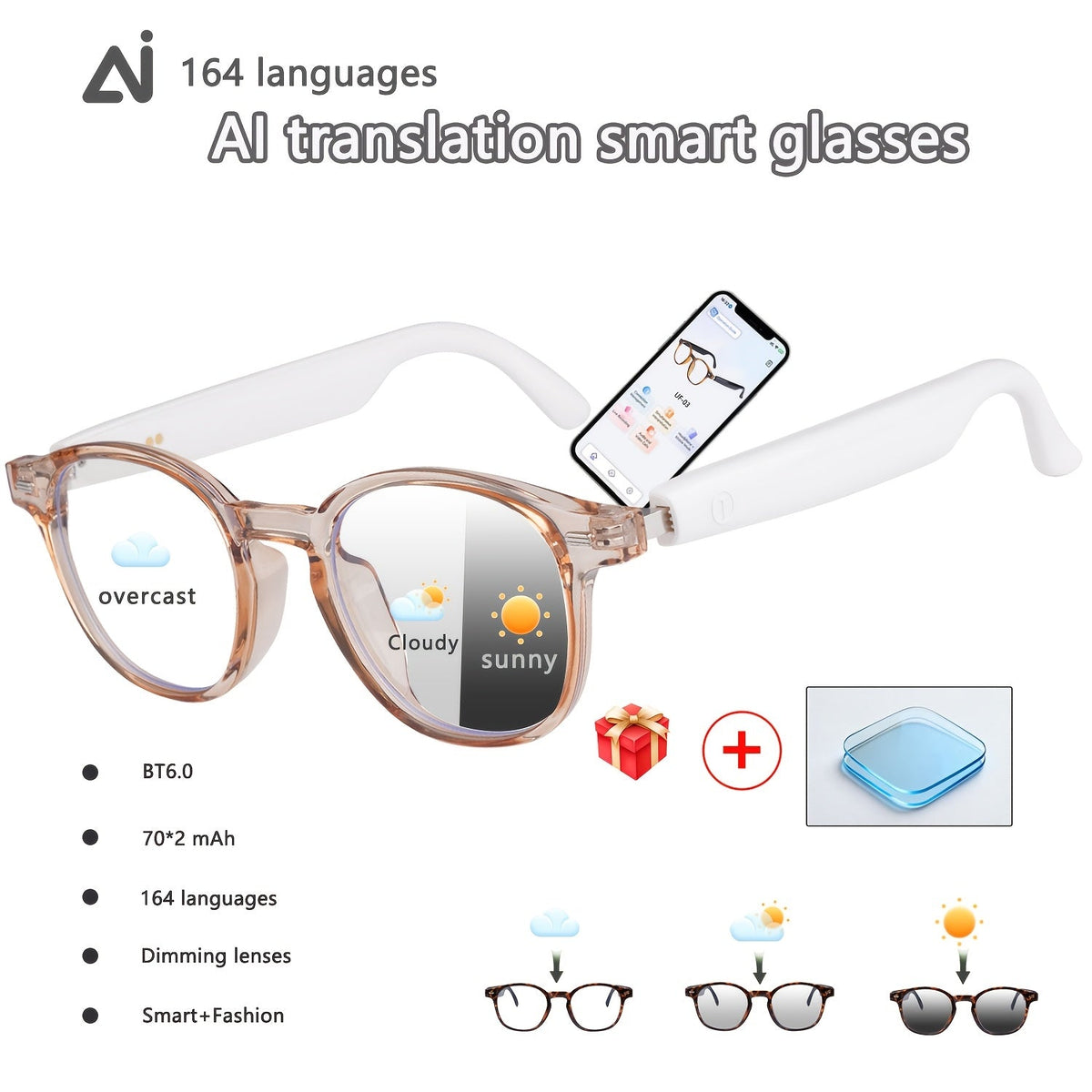 ChatGPT AI Translation Glasses with 160-Language Real-Time Translation, Photochromic Lenses, HiFi Audio & HD Calls – 19 Frame Styles, Unisex Smart Eyewear for Travel & Business