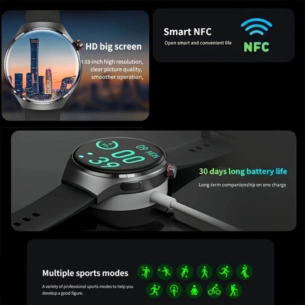 GPS Smartwatch Men with NFC & Multiple Strap Styles – 360×360 HD Screen Wireless Calling GPS Motion Trajectory Sports Fitness Tracker Heart Rate Sleep Monitor Outdoor Watch Black Steel Mesh Faux Leather