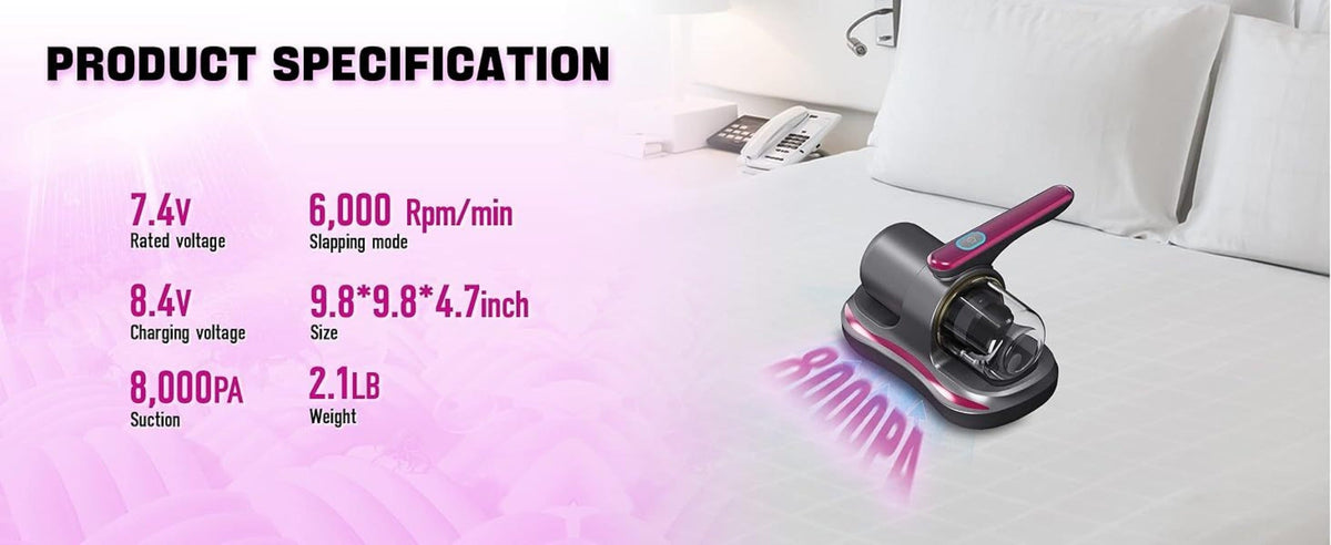 Mattress Vacuum Cleaner Handheld Bed Deep Cleaning with Super Suction & Washable Filter - Low Noise Design for Beds, Sofas, Pet Hair & Carpets, Portable Lightweight Upholstery Vacuum, 2025 Upgrade