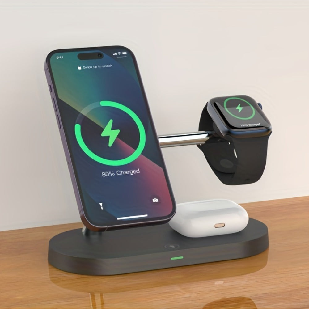 Wireless Charging Station 3-in-1 QC3.0 Adapter Included Magnetic Fast Charger Stand for iPhone 15 14 13 12 11 Pro Max Mini XR XS X SE 8, Apple Watch Series 1-9 Ultra, AirPods 4 3 2 Pro – White Black