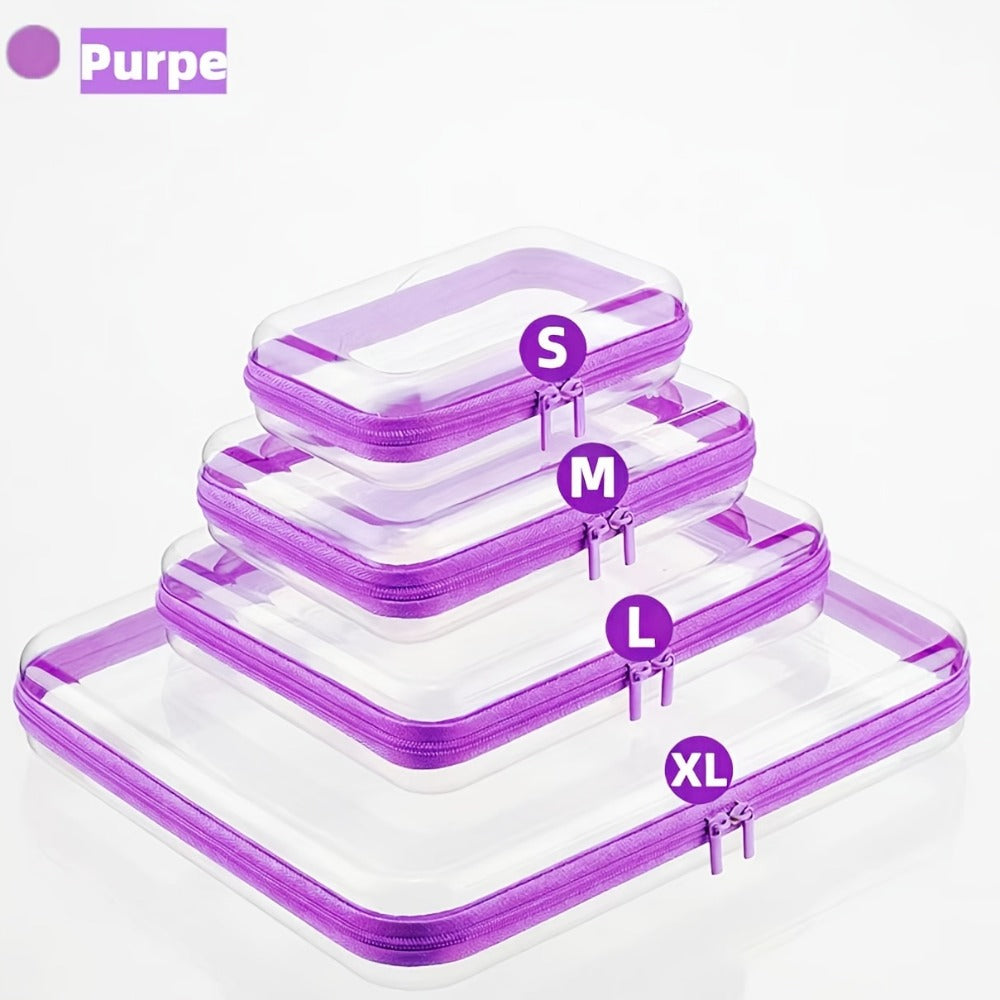 Clear Storage Box Set 4 Pcs Hard Transparent Zipper Organizer Plastic Case S M L XL Makeup Cosmetics Snacks Stationery Kids Toys Multi-Color Purple Blue Pink White