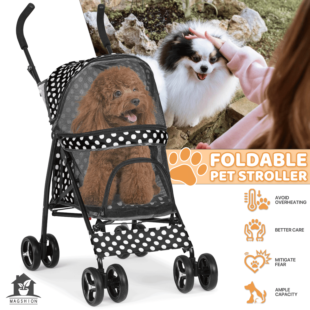 Pet Dog Cat Stroller with 4 Wheels - Foldable Jogger Pet Stroller for Small Medium Dogs & Cats up to 33 lbs, Breathable Mesh Windows, 360° Swivel Wheels, Cup Holder & Storage Basket, 10 Colors