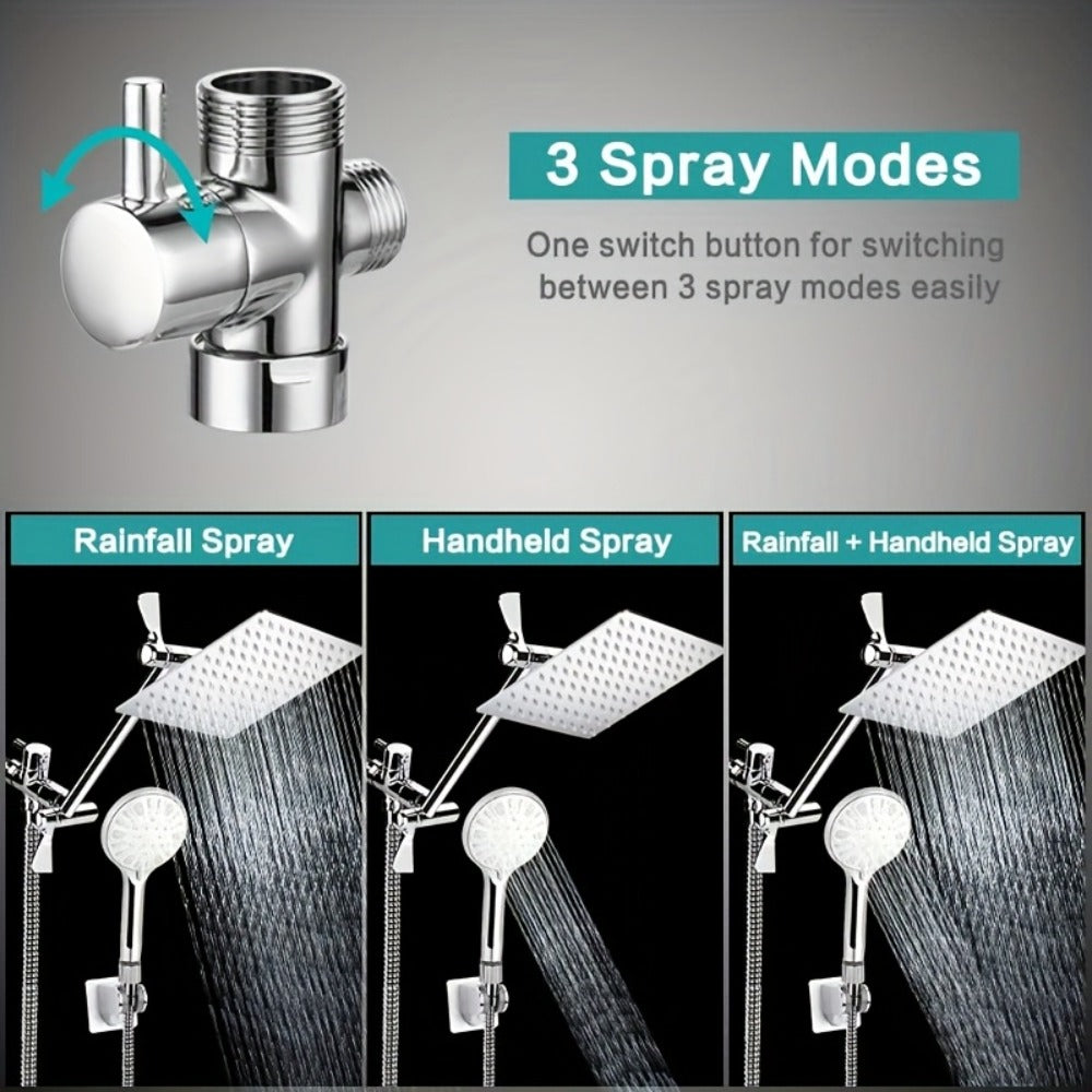Rainfall Handheld Shower Combo 9-Setting – High Pressure 11" Extension Arm Leak-Proof Wall Mount 8 10 12 Inch Chrome Black