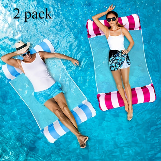 4-in-1 Inflatable Pool Float Hammock 2-Pack for Adults – Floating Bed, Lounge Chair, Drifter & Saddle, Striped Water Hammock for Swimming Pool Lake Beach River, Blue Dark Blue Rose Red