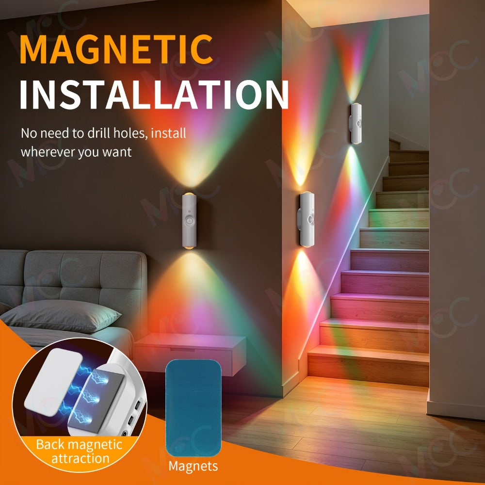LED Magnetic Night Light Dual Voice & Motion Sensor – 9 Colors Dimmable, 665mAh Battery, Drill-Free Magnetic Install for Hallway, Bedside & Storage Room Ambient Lighting
