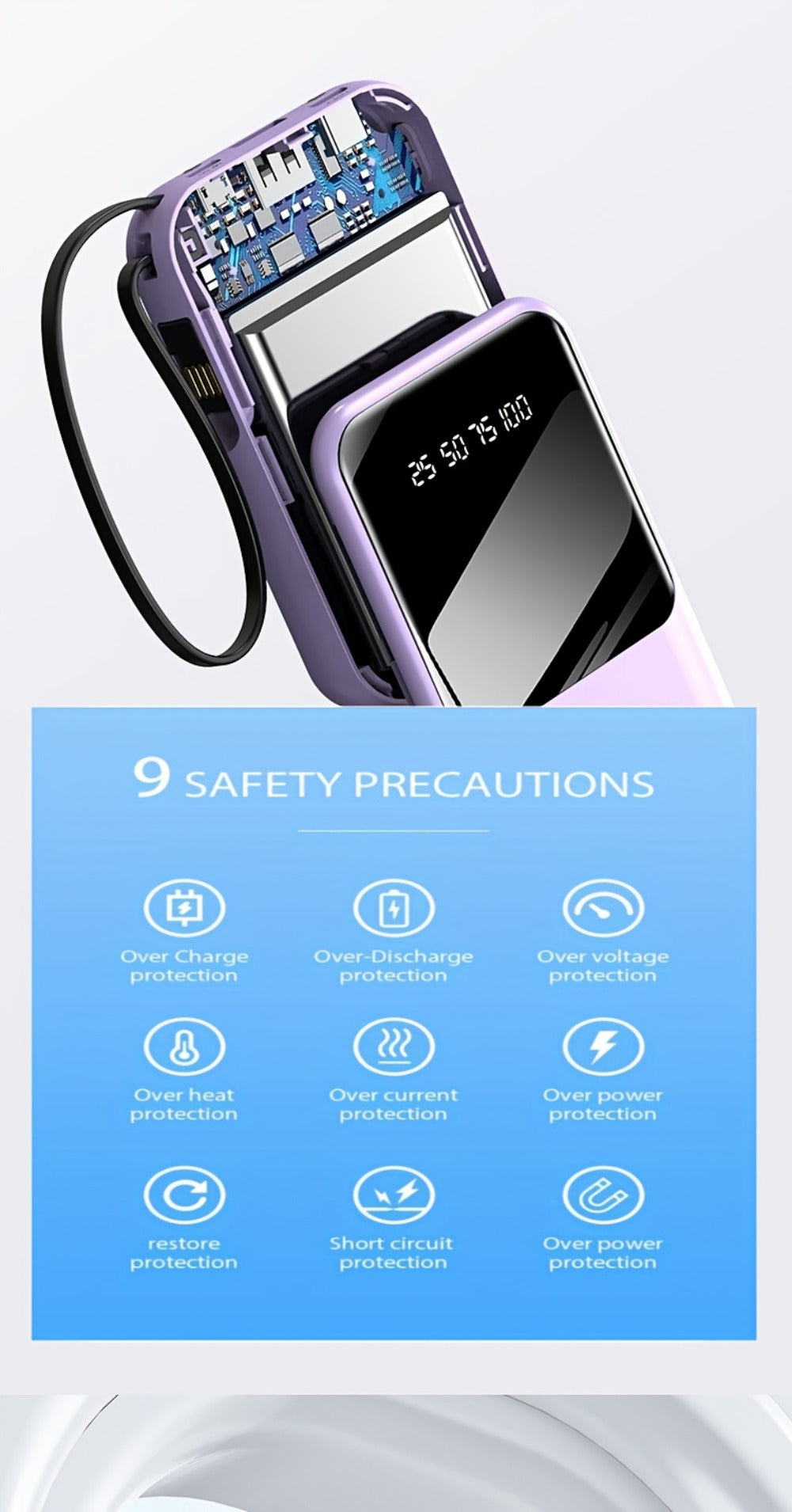 10000mAh Mini Power Bank with Built-in 4 Cables – 22.5W Super Fast Charging, LED Display, Cute Portable Charger for iPhone, Android, Samsung & Travel, Ultra-Compact Battery Pack with LED Light
