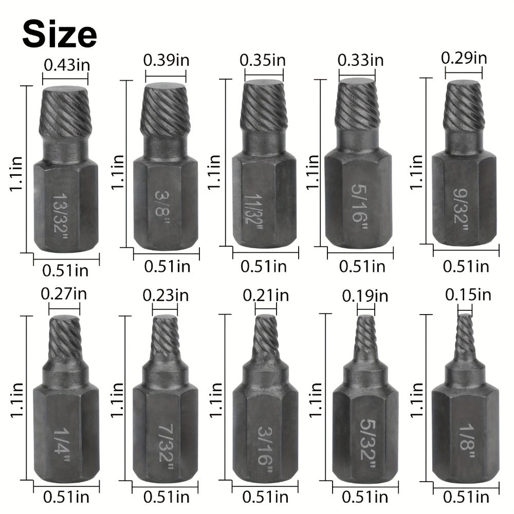 Screw Extractor Set 10pcs, 1/8" to 13/32" Broken Bolt Extractor Kit, Left-Handed Alloy Steel Nut & Stud Remover Tool for Stripped Screws, Bolts, Threaded Pipes & Fittings