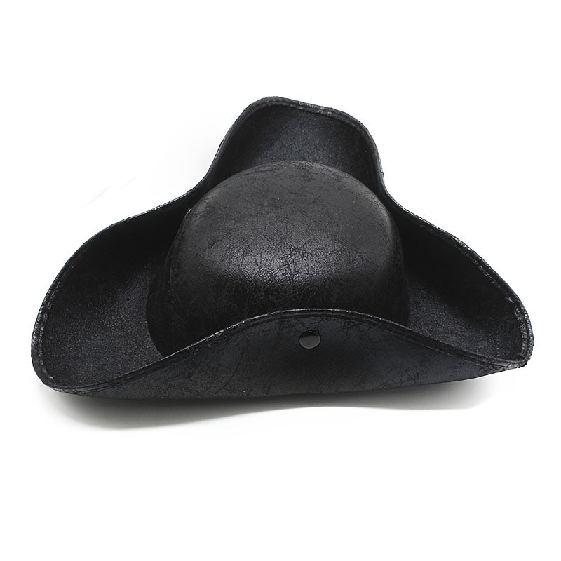 Pirate Tricorn Costume Hat with Distressed Faux Leather Look, Black or Brown