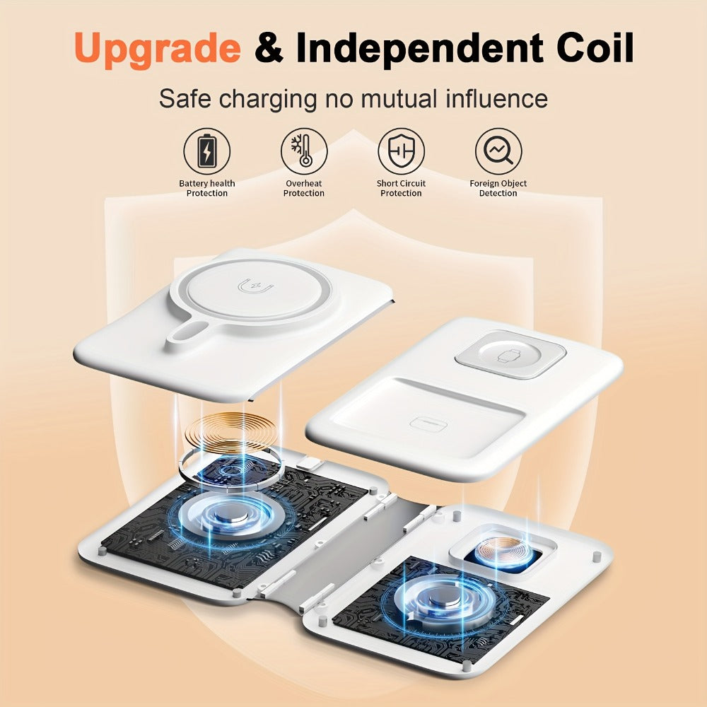 3-in-1 Wireless Charging Station Foldable 15W Fast Charge, Charges iPhone 16 15 14 13 12 Pro Max + Apple Watch Ultra 2 Series 9 8 7 6 5 4 3 2 1 + AirPods 3 2 Pro Simultaneously – Portable Travel Charger