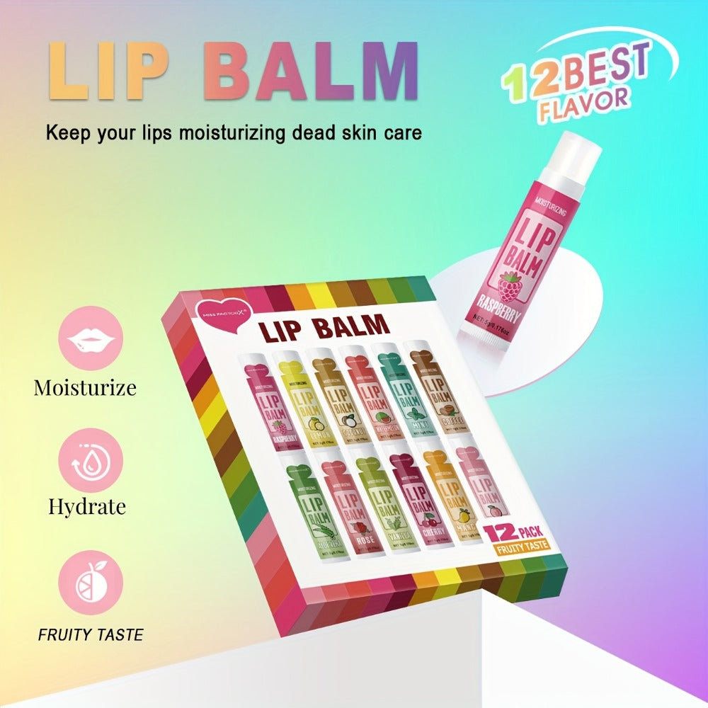 Lip Butter Set 12 Pieces Fruity Scent - Hypoallergenic Glycerin Formula, Glossy Hydrating Lip Balm for All Skin Types, Unisex Daily Lip Care, Valentine Gift for Women