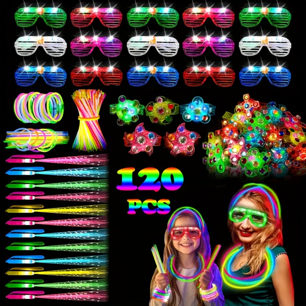 Glow Party Supplies 120-Piece Set with LED Glasses & Glow Accessories