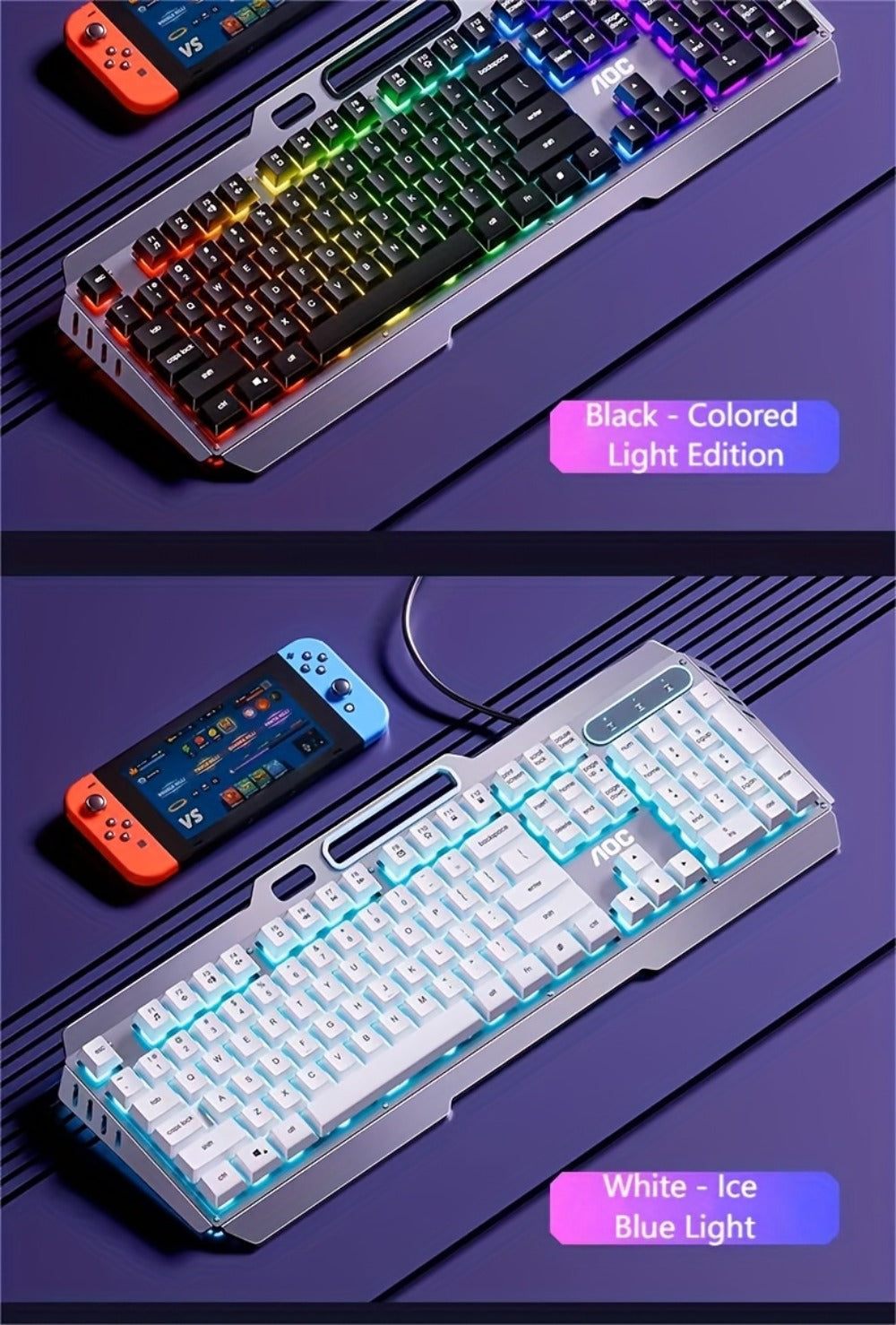 LED Backlit Wired Gaming Keyboard 104 Keys Full Size – Quiet Ergonomic Design, Adjustable Volume Knob, USB Powered, Compatible with Desktop and Laptop Computers, Office and Home Use