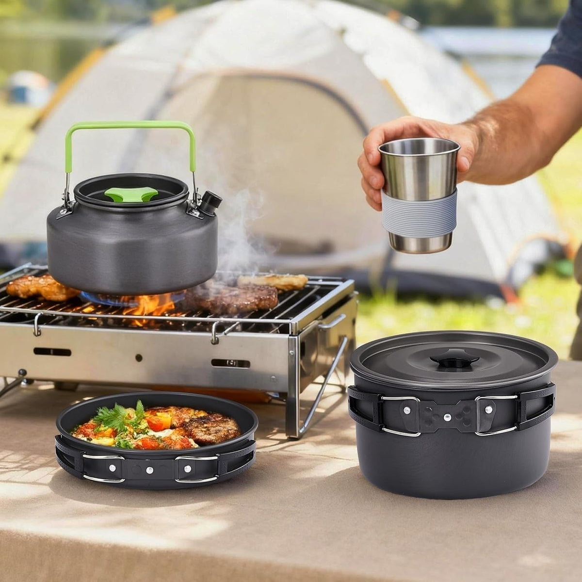 Backpacking Cookware Mess Kit 19/27pcs – Non-Stick Pot Pan Kettle with Stainless Steel Cutlery, Lightweight Camping Cook Set for Open Fire, Hiking & Outdoor Cooking