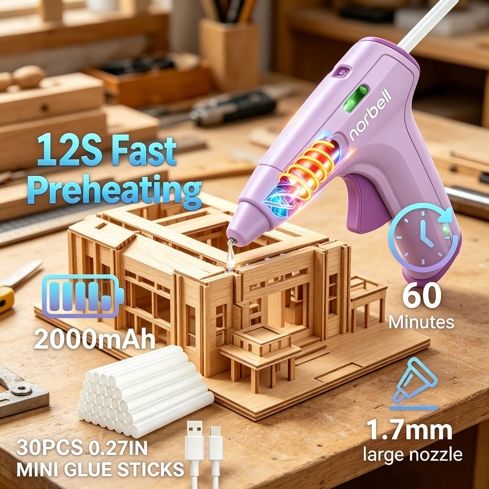Cordless Hot Glue Gun Fast Heating USB Rechargeable 2000mAh – 12-Second Heat-Up, Anti-Drip Nozzle, Auto Shut-Off, Mini Glue Sticks Included, Portable Wireless Glue Gun for DIY Crafts, Home Repair, Floral & Plush Toy Projects