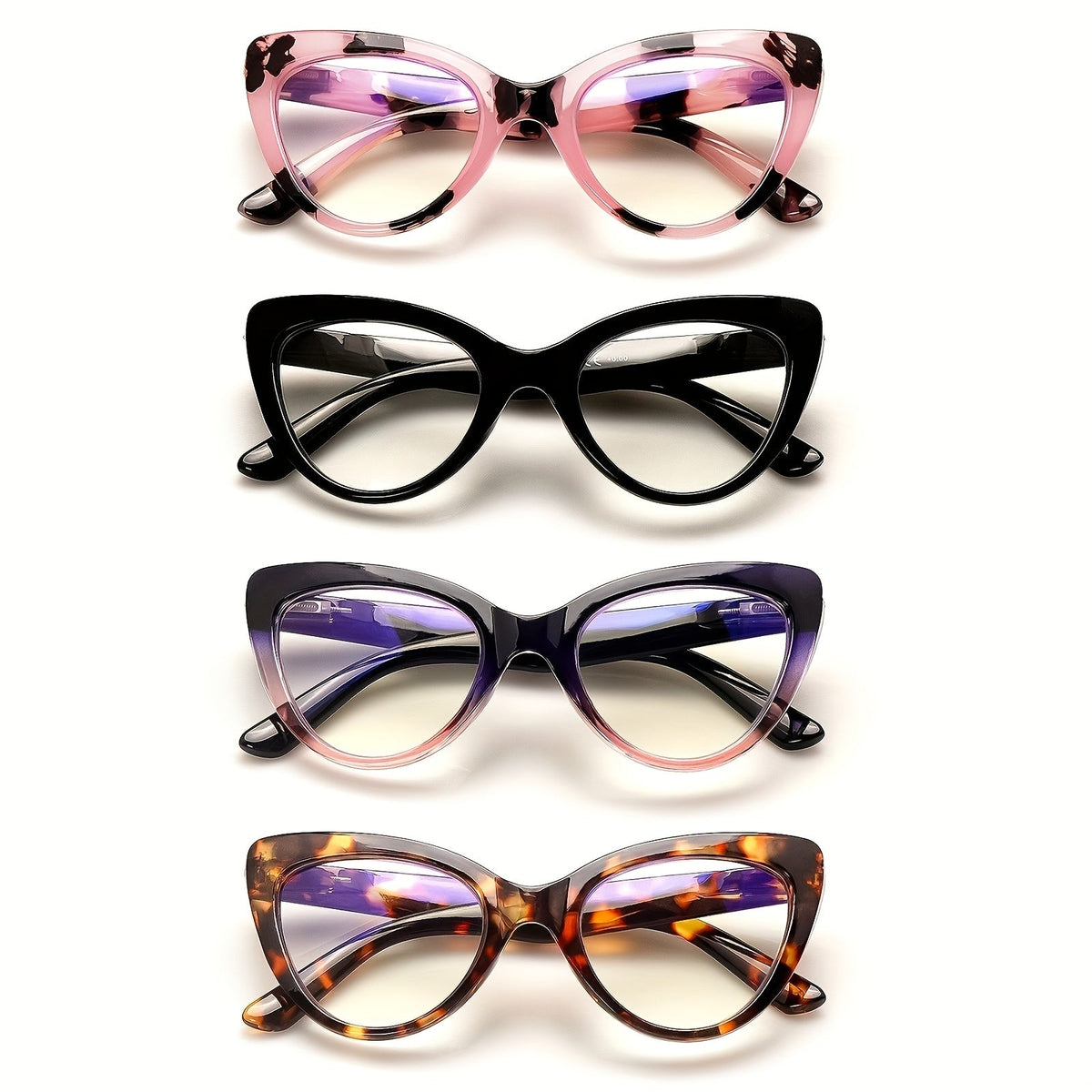 Cat Eye Reading Glasses 4 Pack Women Blue Light Blocking – Leopard Print Gradient Stylish Frames, Spring Hinges, Computer Readers for All Face Shapes, Multiple Magnification Strengths