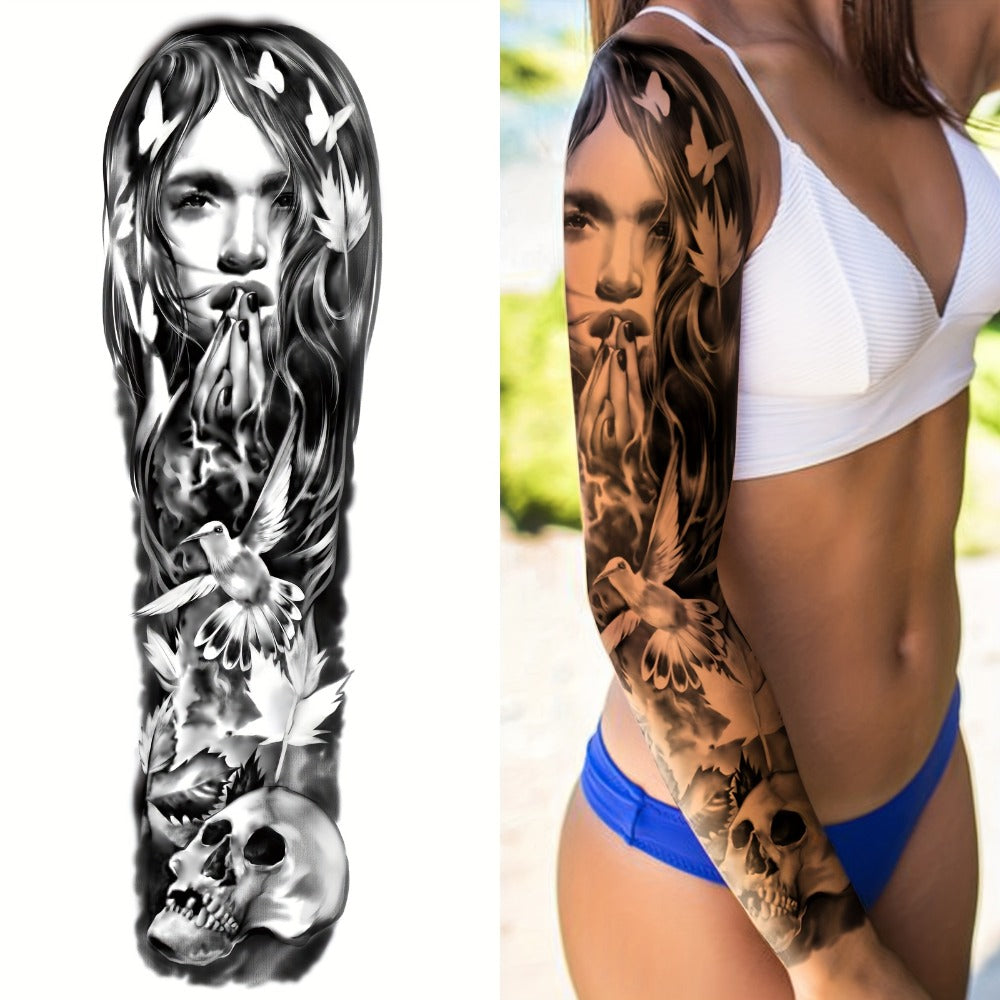 Full Arm Temporary Tattoo Stickers 8 Large Sheets Waterproof Long Lasting Black Realistic Koi Dragon Lion Floral Geometric Designs for Men Women Street Punk Festival Body Art
