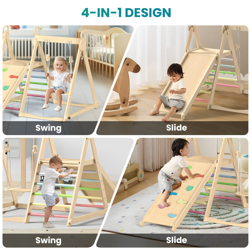 Foldable Indoor Wooden Jungle Gym for Toddlers – 4-in-1 Climbing Frame with Swing, Slide & Ladder | Ages 18M+ | Rainbow & Blue | Kids Indoor Playset for Cognitive Development & Active Play