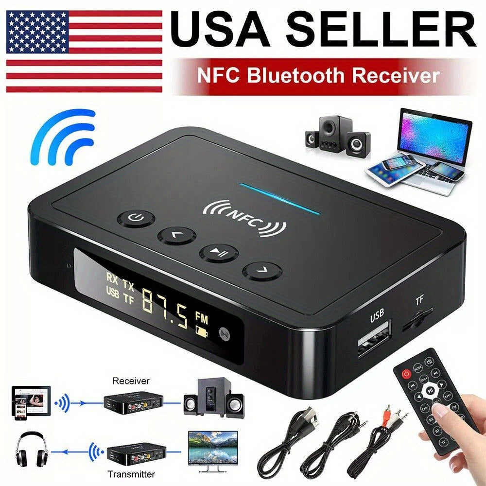 Bluetooth Transmitter Receiver 2-in-1 Wireless Audio Adapter with 3.5mm AUX NFC Input to Dual RCA Output, USB Powered – Stream Music to Home Stereo, TV, Speaker, Car Audio System